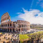 The Roman Colosseum (Coloseum) in Rome, Italy wide panoramic vie