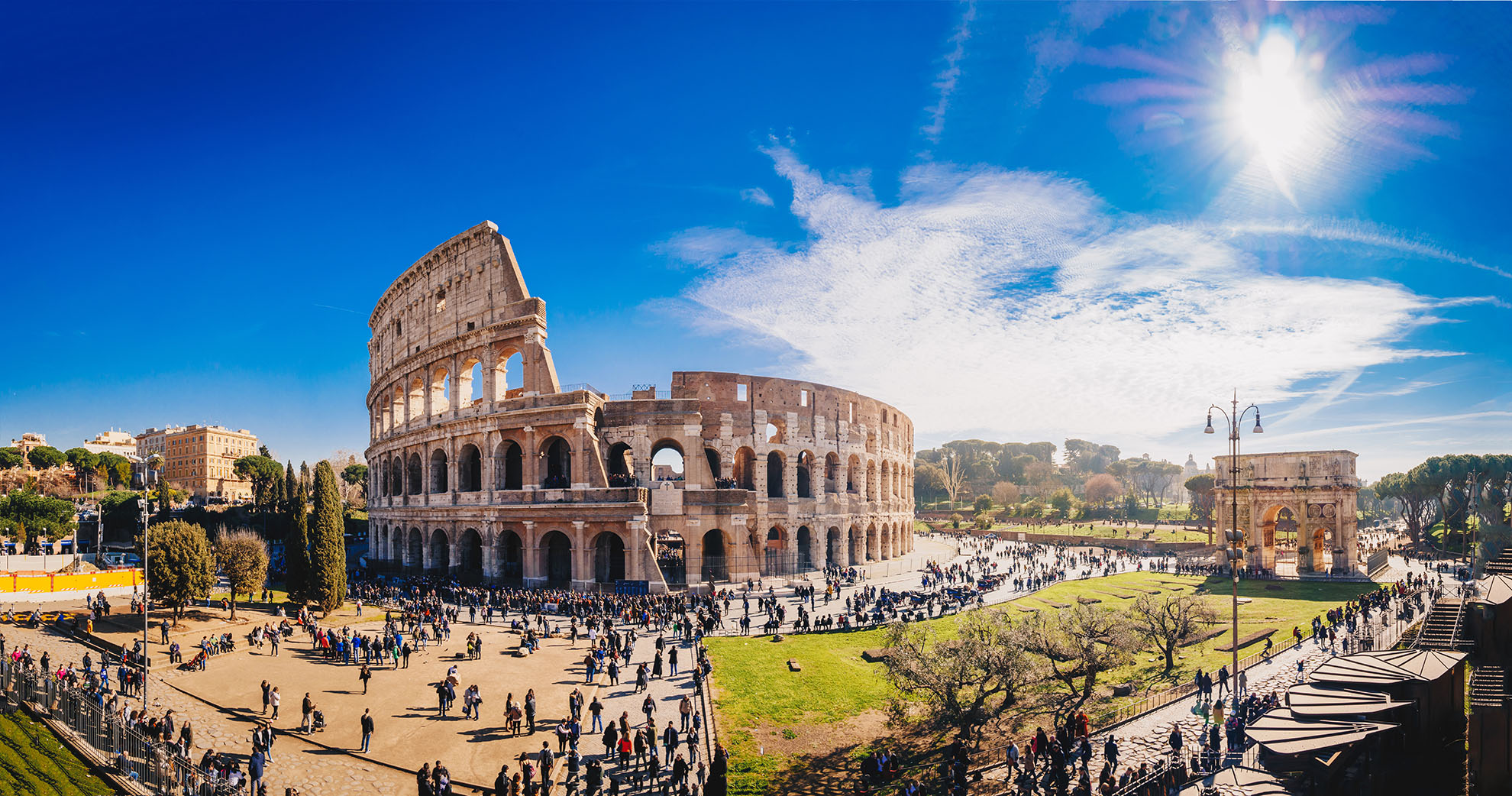 The Roman Colosseum (Coloseum) in Rome, Italy wide panoramic vie